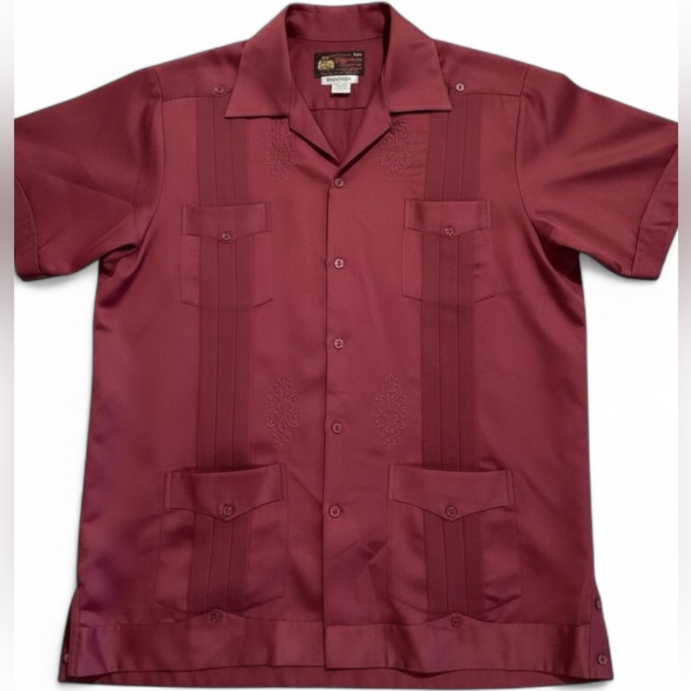 Vintage Guayabera Camp Shirt XL/42 Copacabana Burgundy Satin Bowling Style